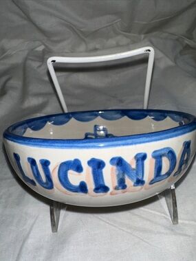 Vintage M.A. Hadley Pottery Personalized LUCINDA All Gone kids cereal Bowl blue